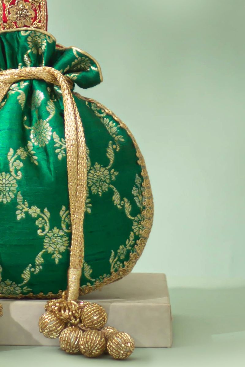 Yasmi Pure Raw Silk Embellished Potli - Dark Green