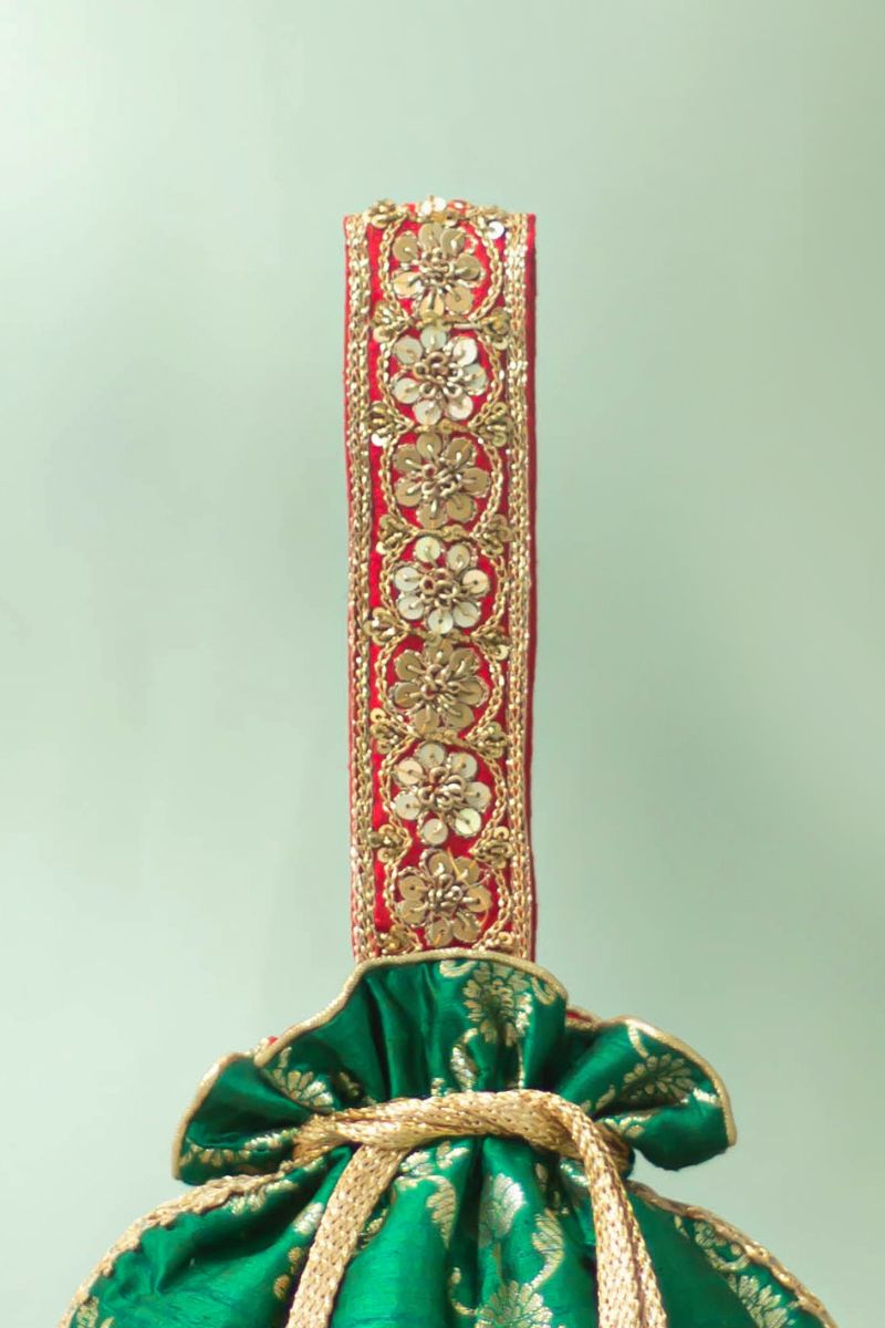 Yasmi Pure Raw Silk Embellished Potli - Dark Green