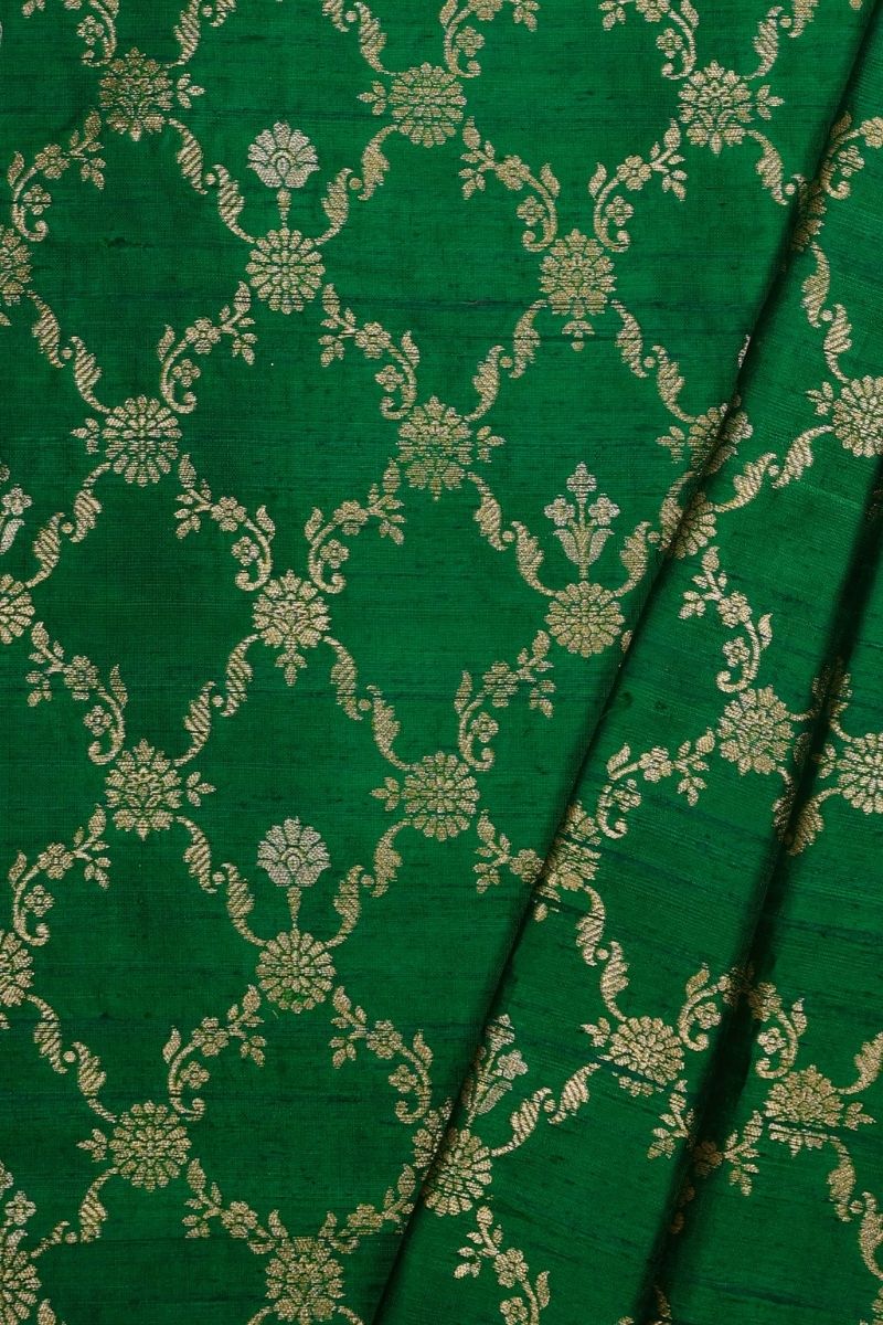 Yasmi Handloom Raw Silk Gold Zari Fabric - Dark Green