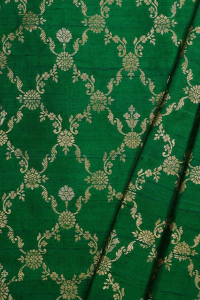Yasmi Handloom Raw Silk Gold Zari Fabric - Dark Green