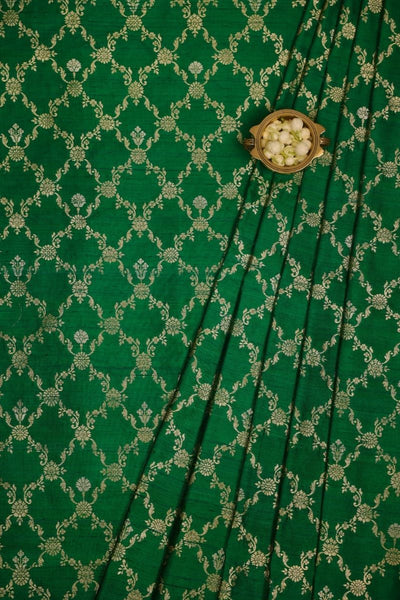 Yasmi Handloom Raw Silk Gold Zari Fabric - Dark Green