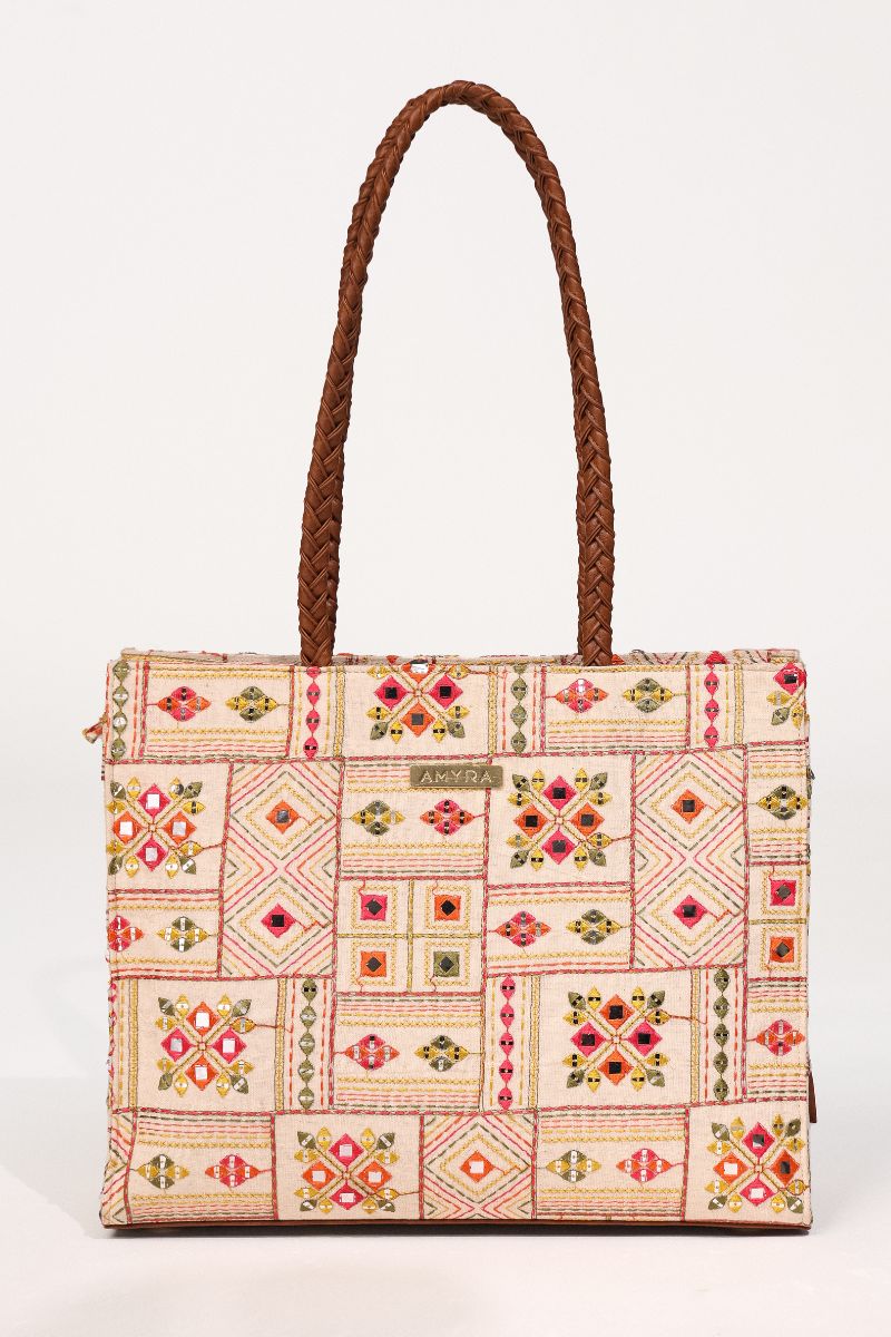Ziana Embroidered Multicolor Box Tote Bag