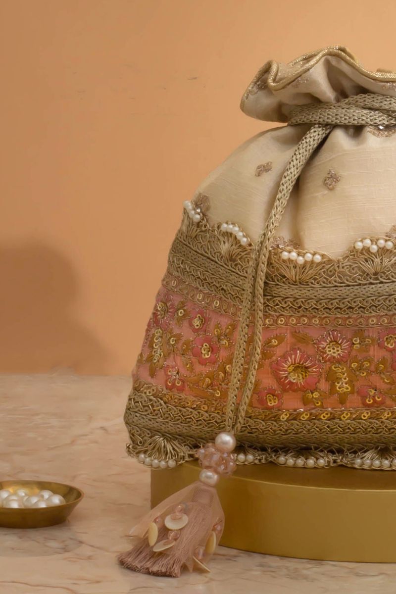 Zira Embroidered Potli - Beige