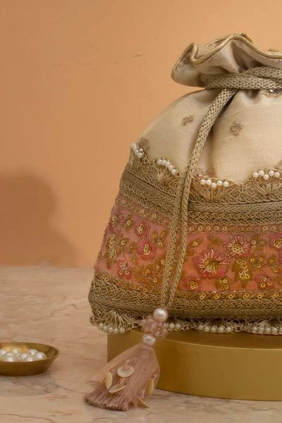 Zira Embroidered Potli - Beige
