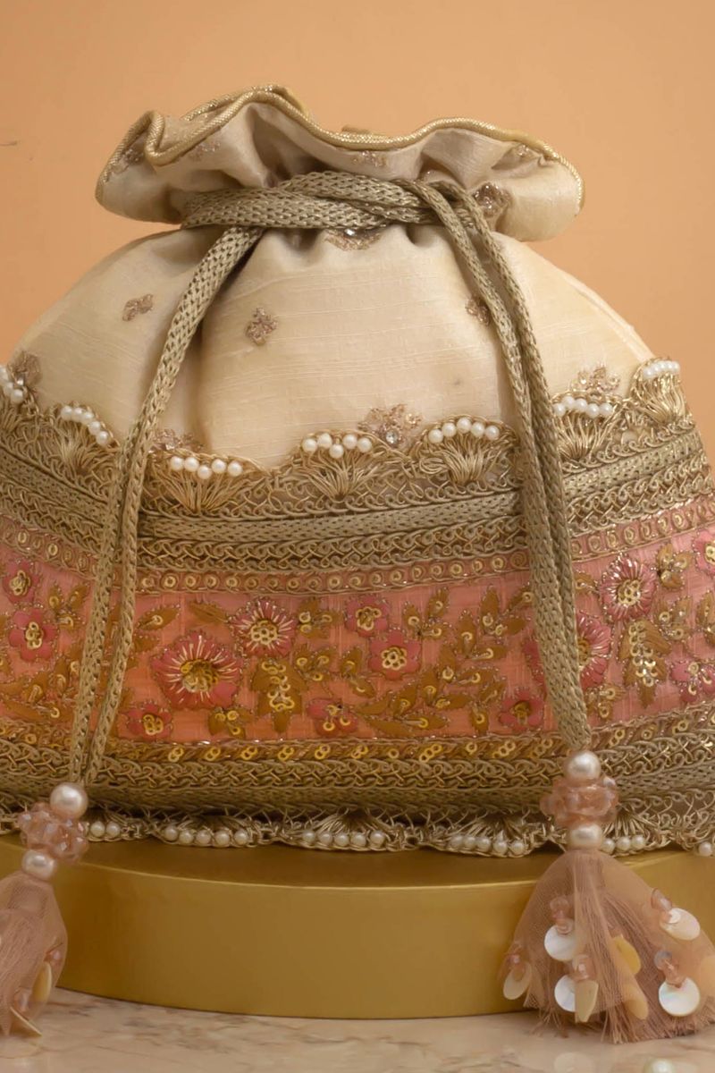 Zira Embroidered Potli - Beige