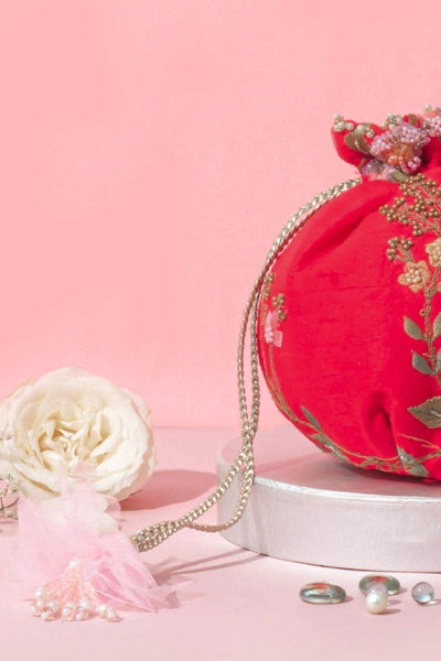 Athena Embroidered Round Potli - Red