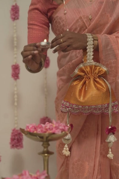 Tari Silk Potli - Mustard & Pink