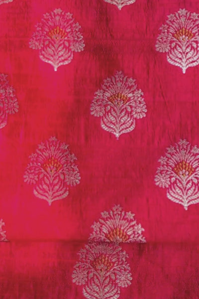 Rangriti Handwoven Raw Silk Light Gold Zari Fabric - Red