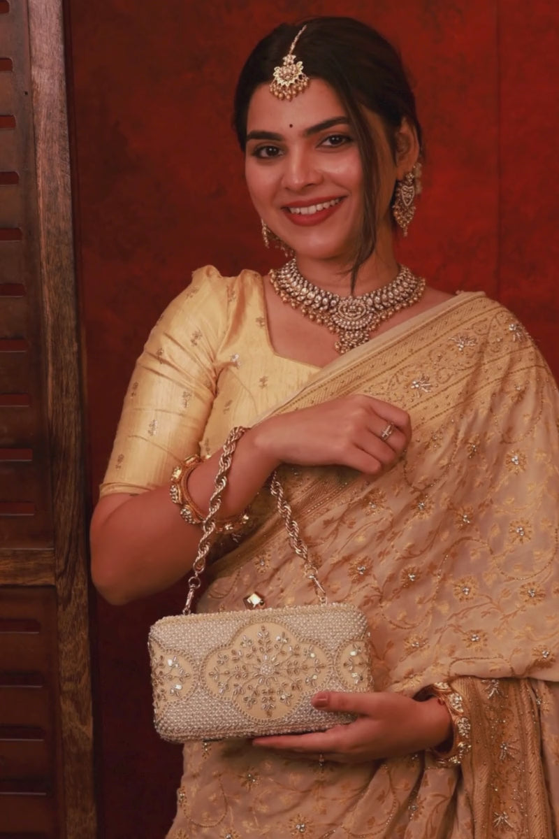 Sehra Pearl Embroidered Clutch - Beige