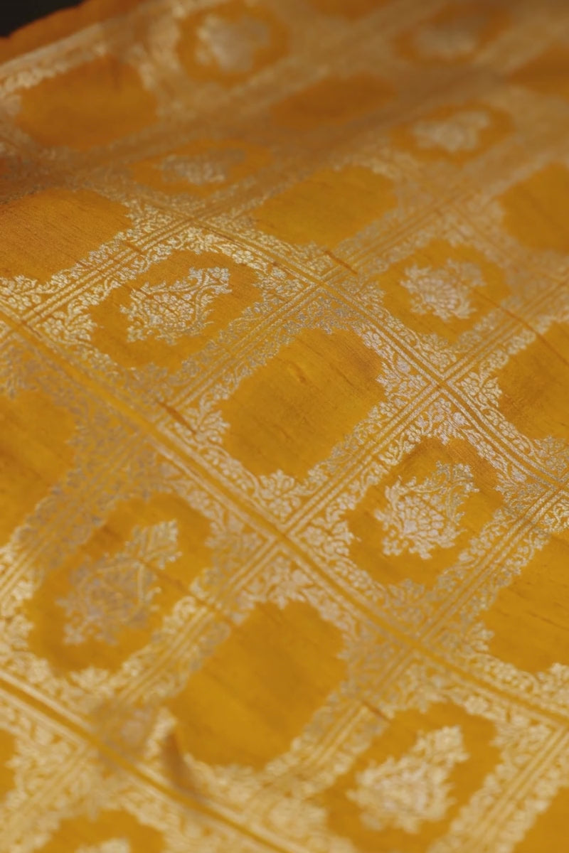 Ghazal Handloom Pure Raw Silk Gold Zari Brocade Banarasi Fabric - Mustard