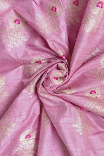 Bunaai Handwoven Raw Silk Light Gold Zari Fabric - Pink
