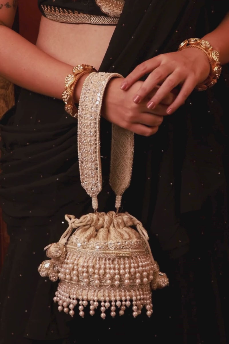 Anahi Embroidered Brocade Mini Potli - Ivory