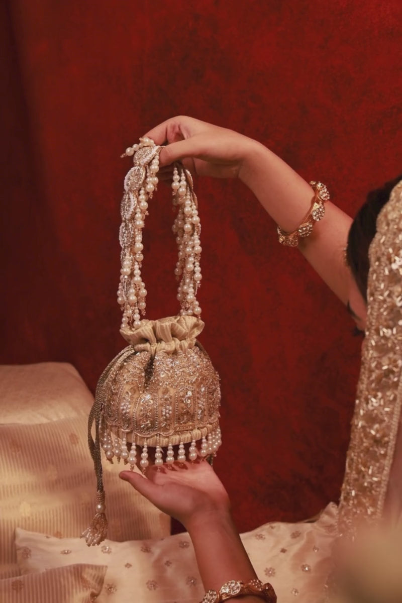 Sajni Pearl Embroidered Mini Potli - Gold