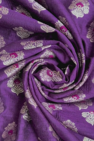Tantavi Handwoven Raw Silk Silver Zari Fabric - Violet