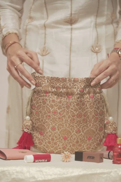 Kashi Pure Banarasi Silk Potli - Cream & Pink