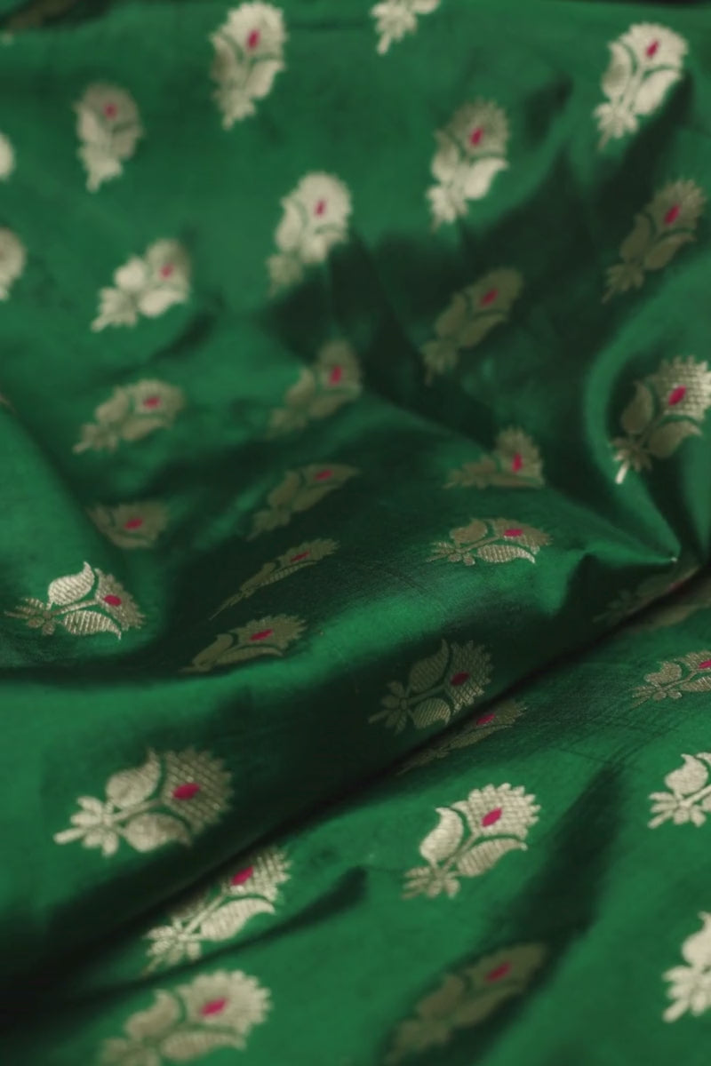Sutra Handwoven Dupion Silk Gold Zari Fabric - Dark Green