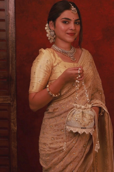 Sehra Pearl Embroidered Mini Potli - Beige