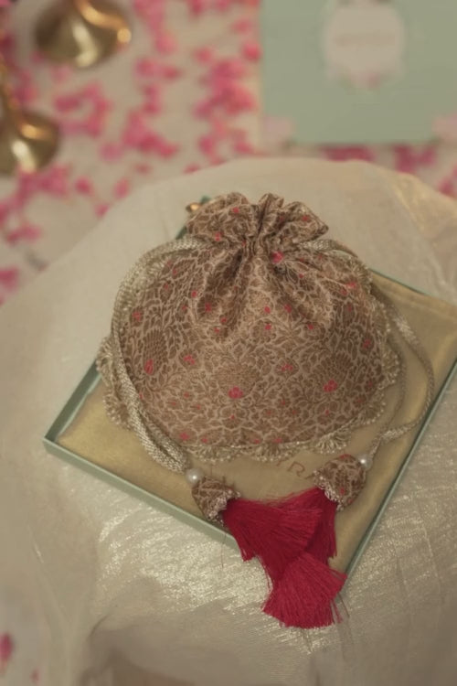 Kashi Pure Banarasi Silk Potli - Cream & Pink