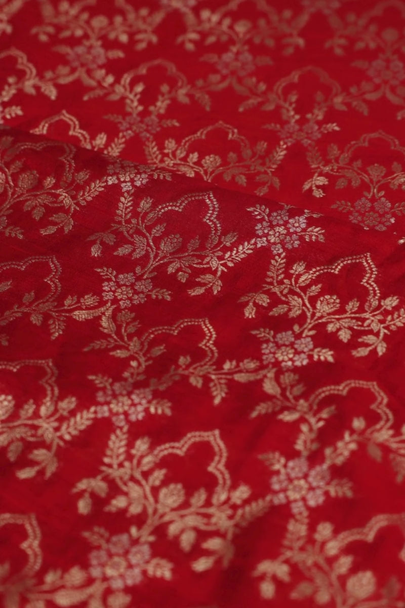 Maitri Handloom Raw Silk Gold Zari Fabric - Red