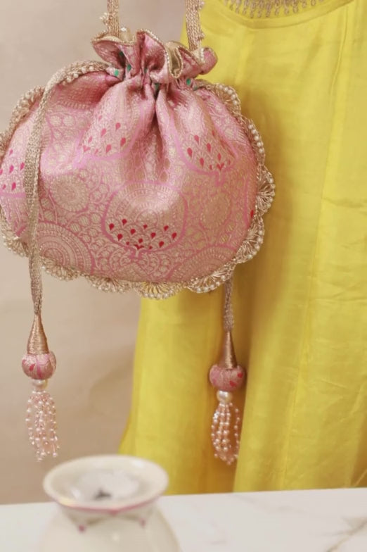 Kashi Pure Banarasi Silk Potli - Pink