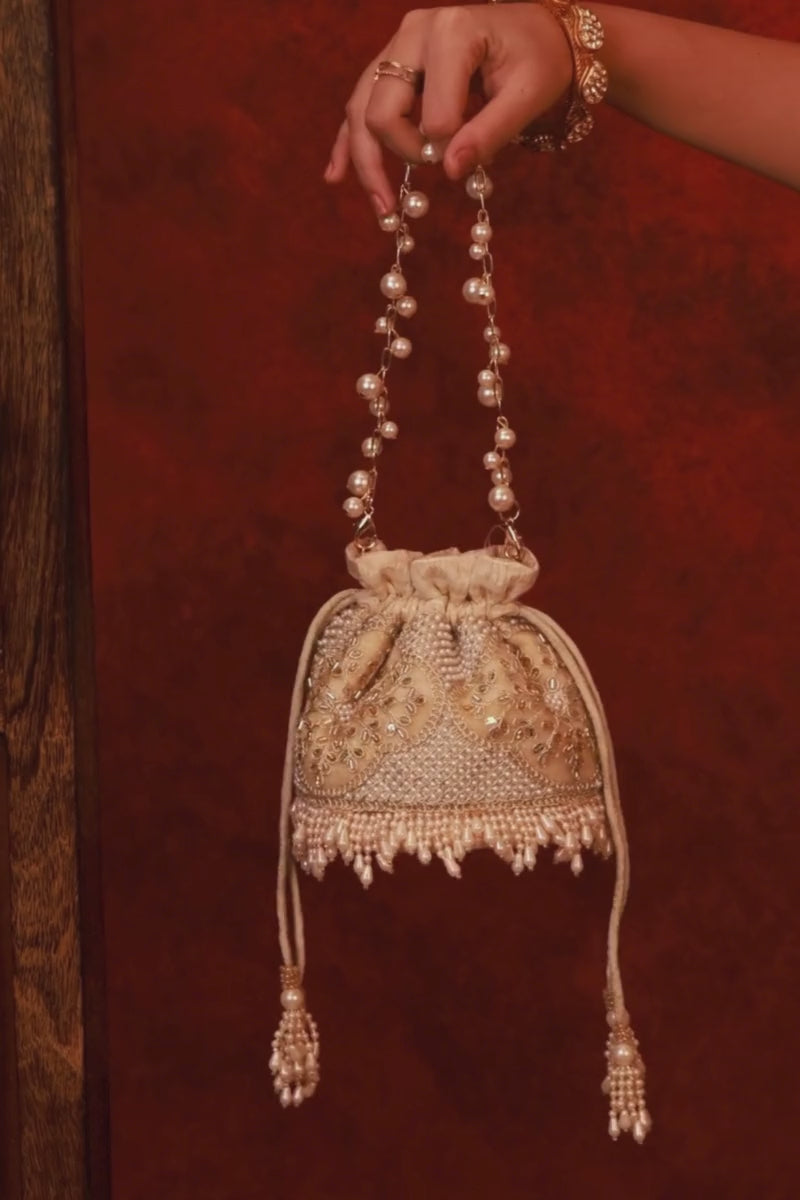 Sehra Pearl Embroidered Mini Potli - Beige