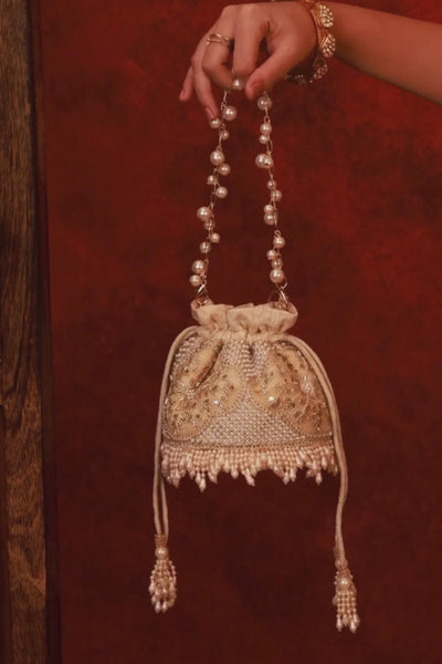 Sehra Pearl Embroidered Mini Potli - Beige