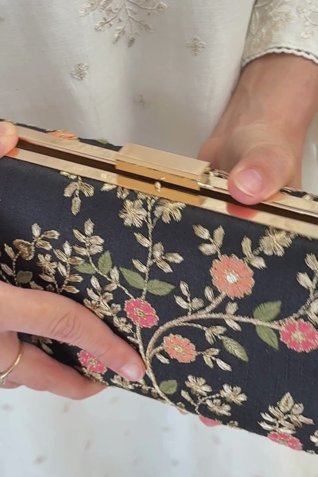 Floral Embroidered Box Clutch, Floral Creeper, AMYRA