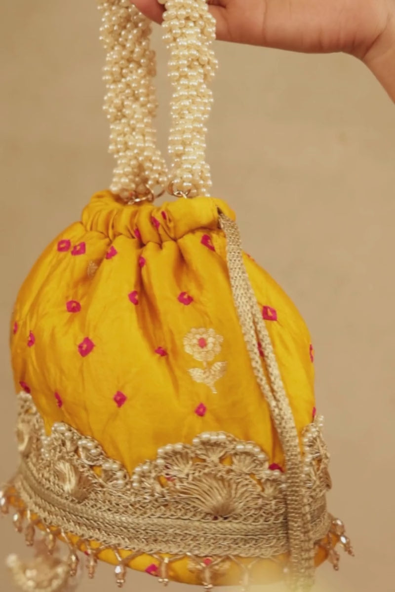 Rumani Bandhani Bucket Bag - Mustard
