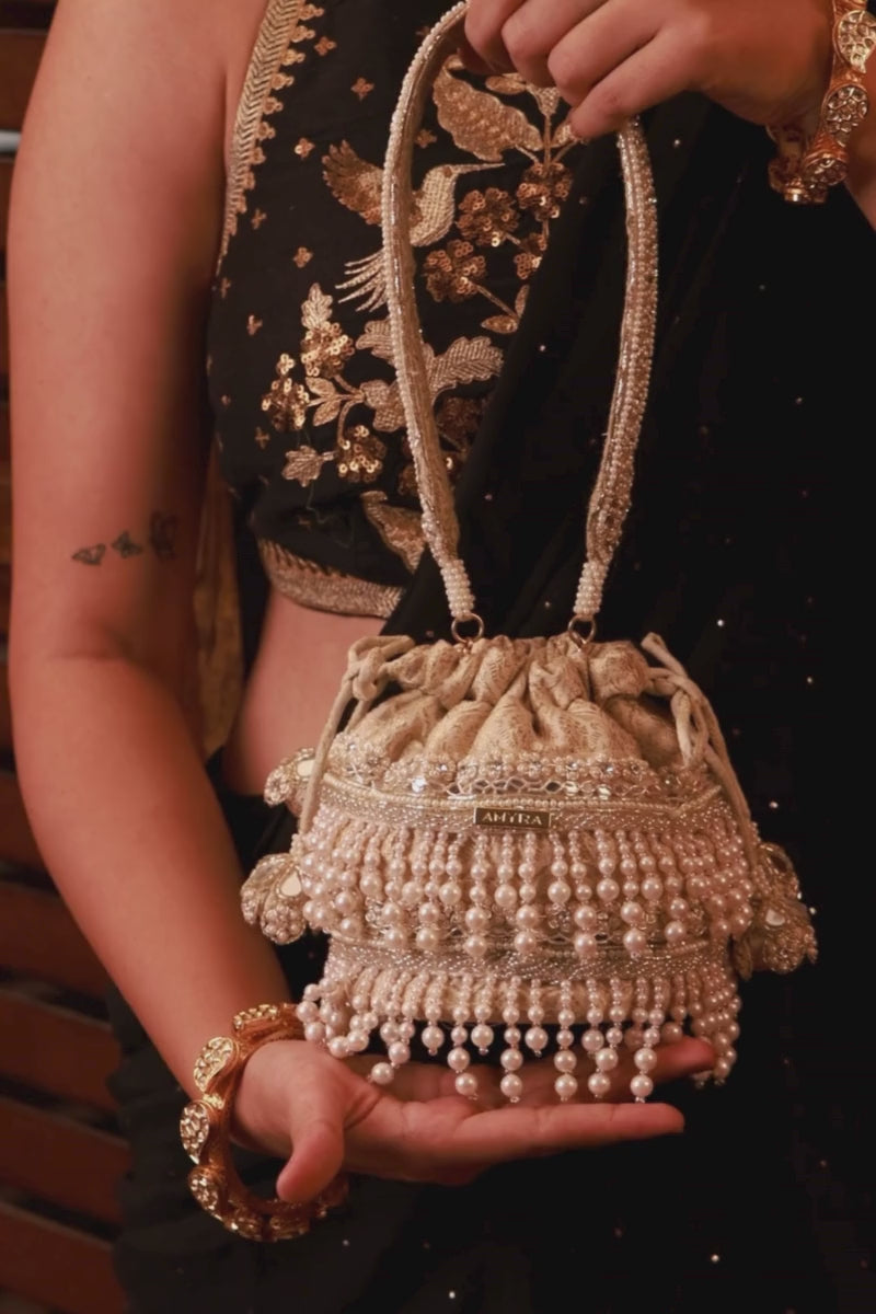 Anahi Embroidered Brocade Mini Potli - Ivory