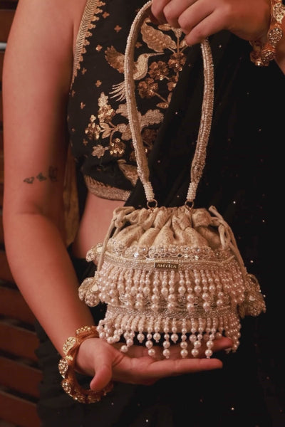 Anahi Embroidered Brocade Mini Potli - Ivory