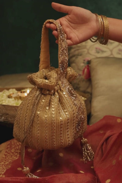 Yari Embroidered Round Potli - Gold