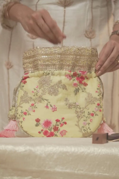 Reet Floral Embroidered Potli - Pastel Yellow
