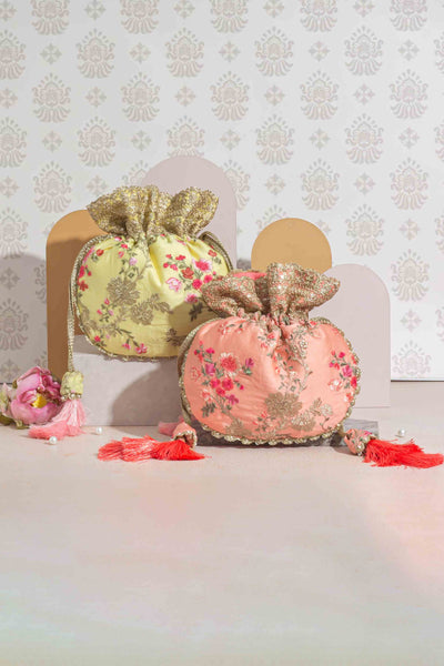 Reet Floral Embroidered Potli - Pastel Yellow