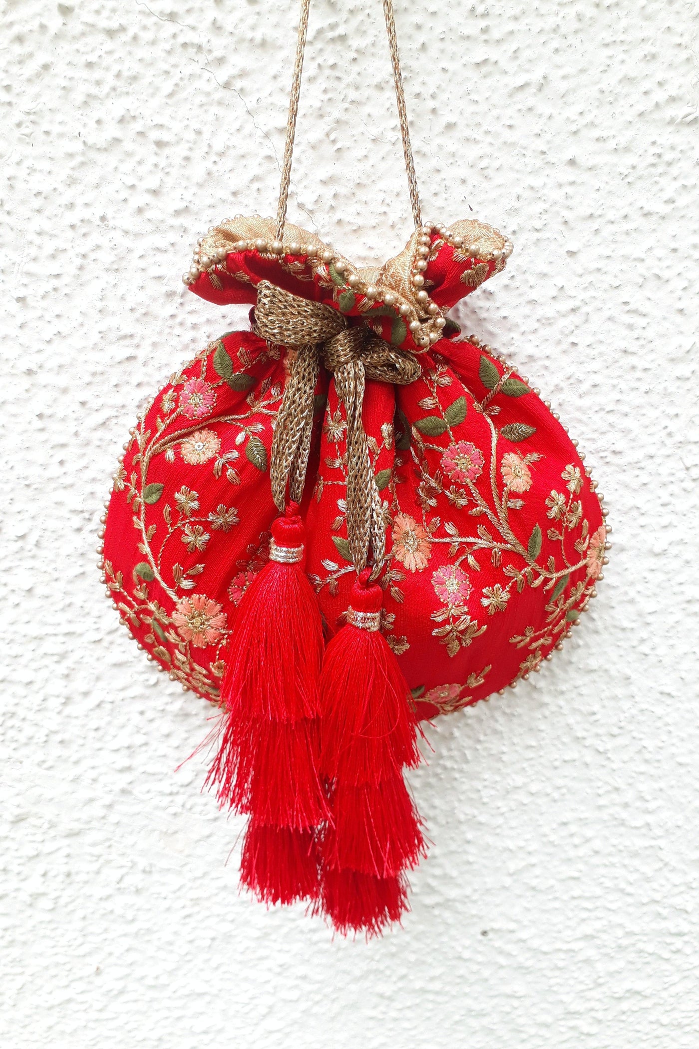 AMYRA Floral Creeper Red Potli bag