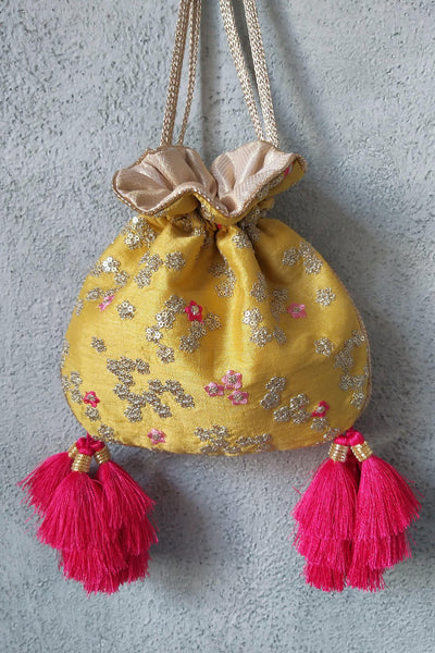 AMYRA Azalea Yellow And Hot Pink Tassle Potli bag