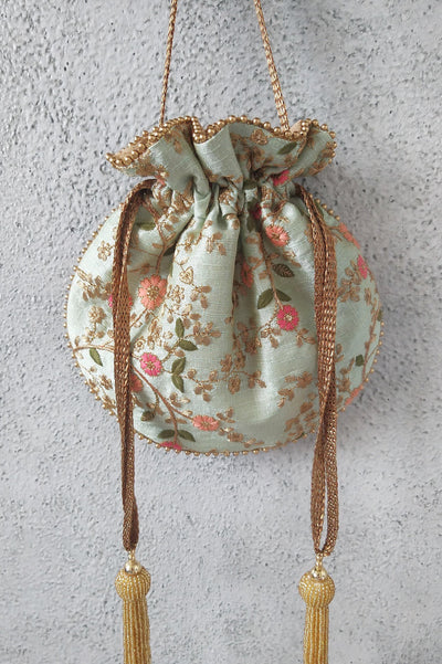 AMYRA Floral Creeper Potli bag - Mint