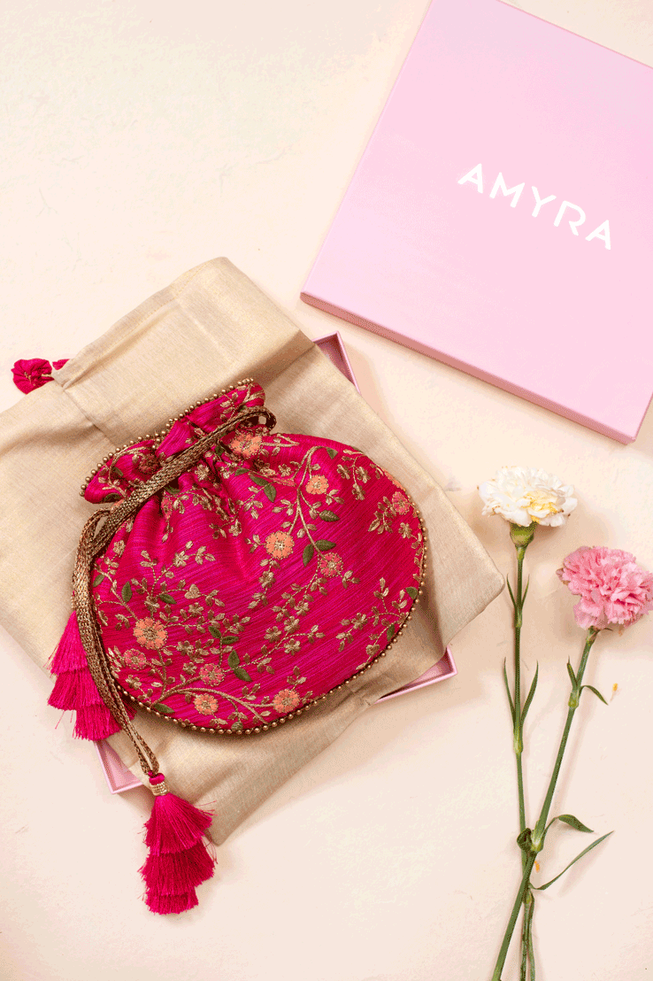 AMYRA Floral Creeper Pink Potli bag