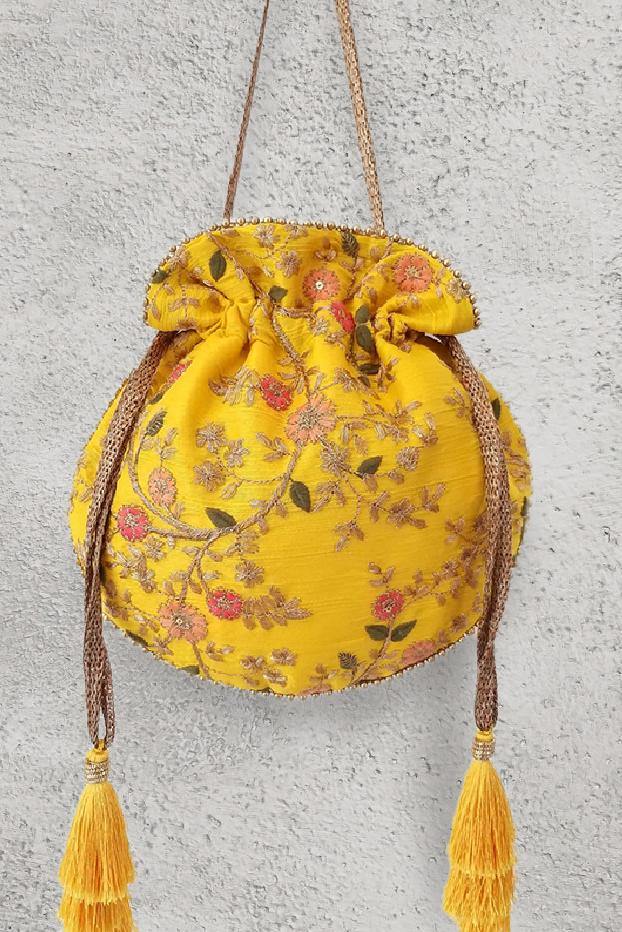 AMYRA Floral creeper potli bag yellow