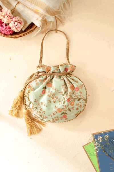 AMYRA Floral Creeper Potli bag - Mint