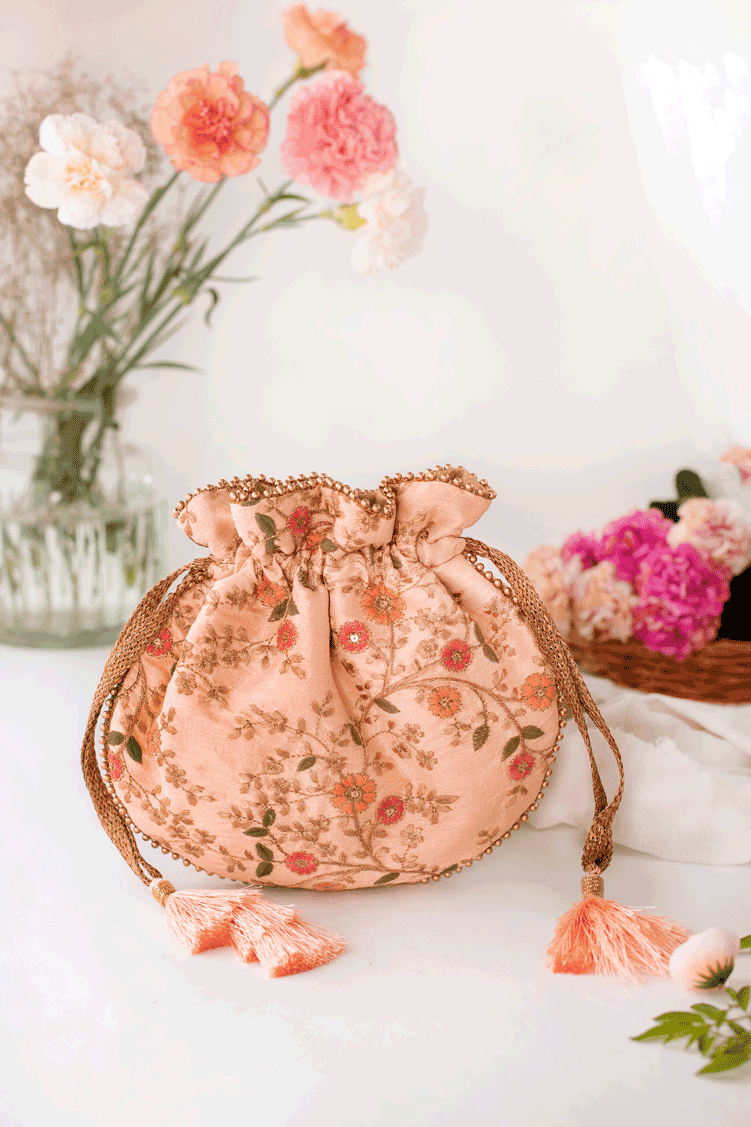 AMYRA Floral Creeper Potli bag Peach