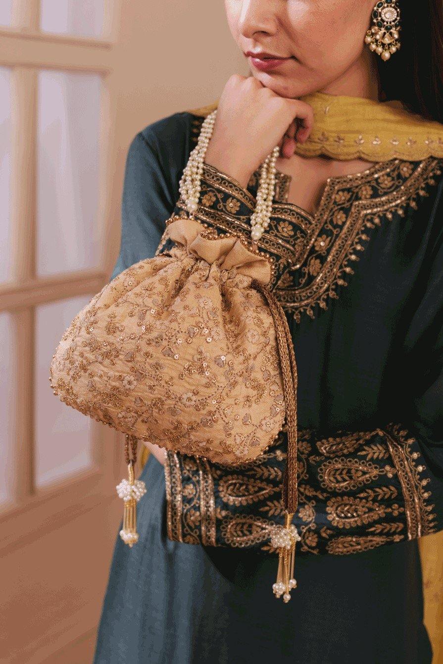 AMYRA Gold Floral Embroidered Potli bag