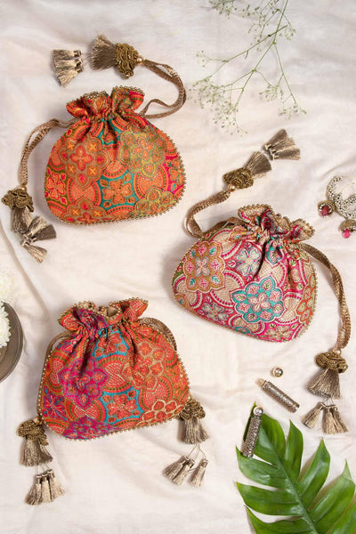 AMYRA Amna Embroidered Potli bag - Orange