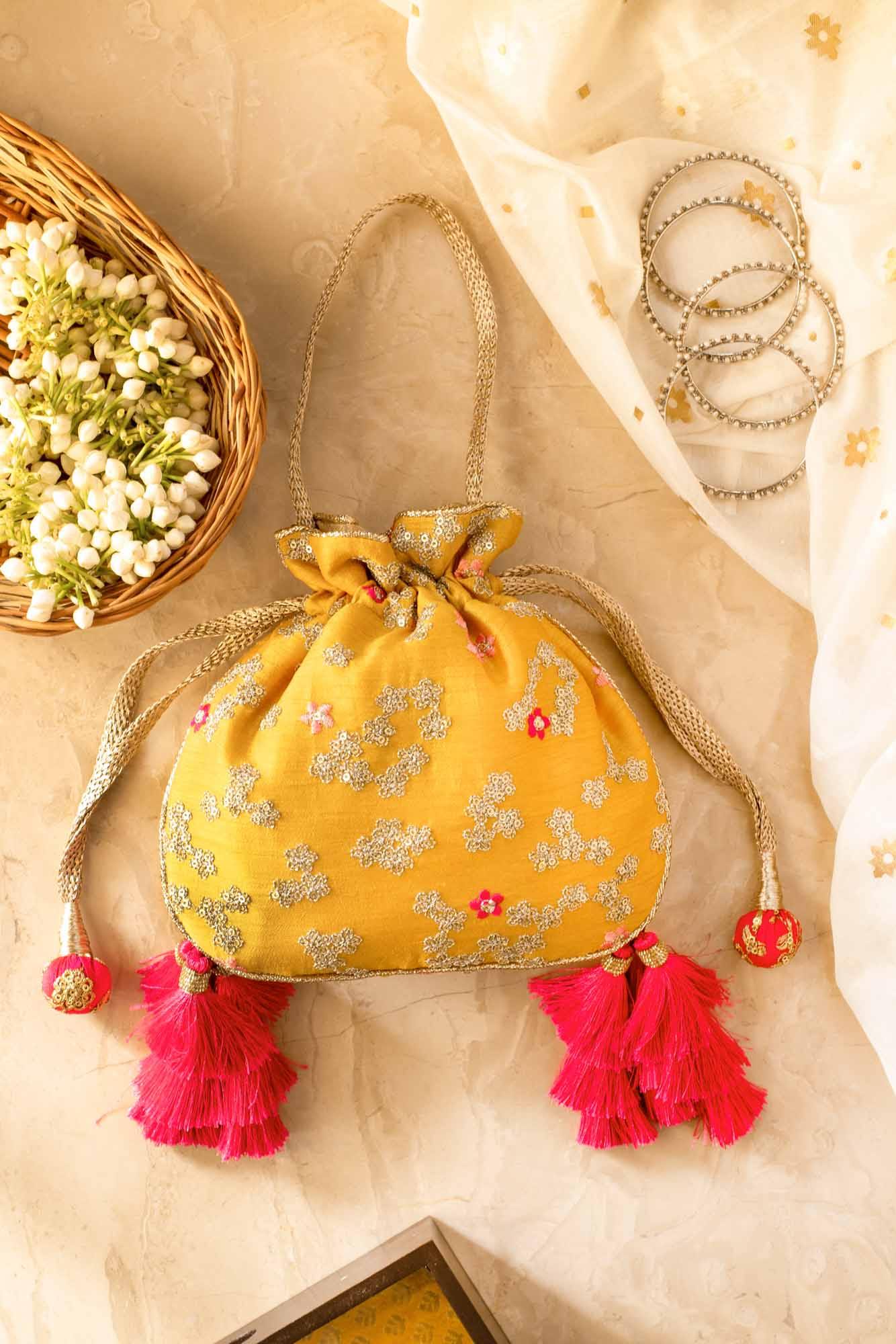 AMYRA Azalea Yellow And Hot Pink Tassle Potli bag