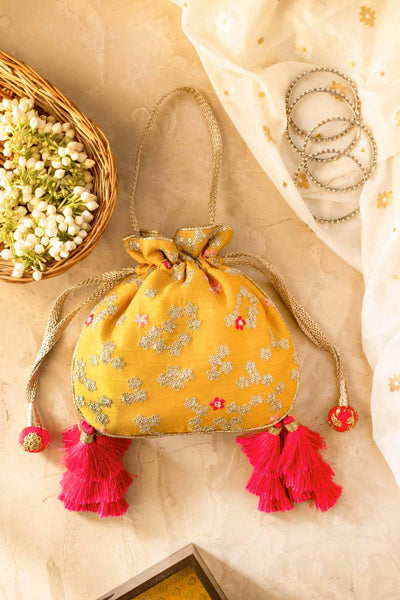 AMYRA Azalea Yellow And Hot Pink Tassle Potli bag