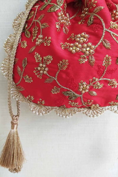AMYRA Red Embroidered Pearl Potli bag