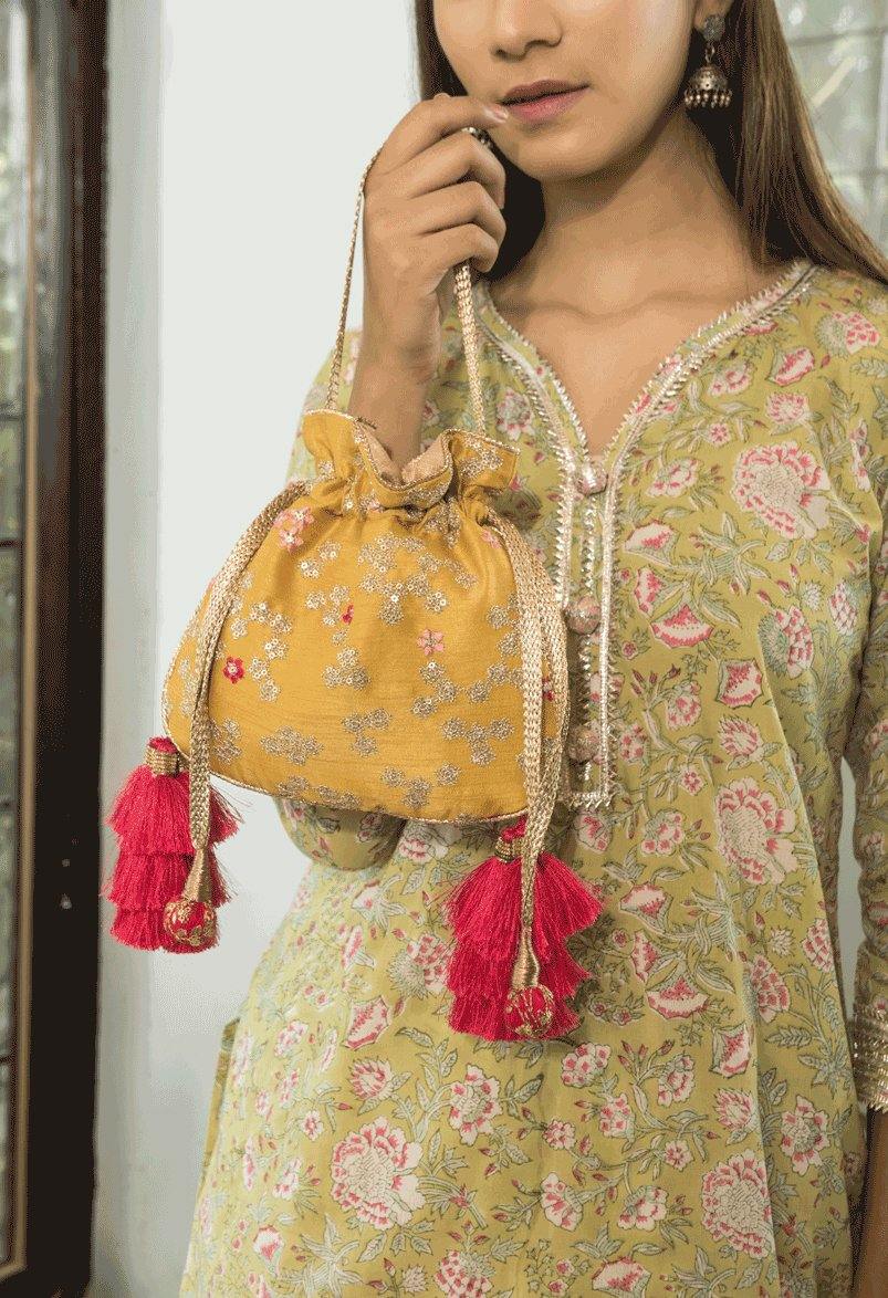 AMYRA Azalea Yellow And Hot Pink Tassle Potli bag