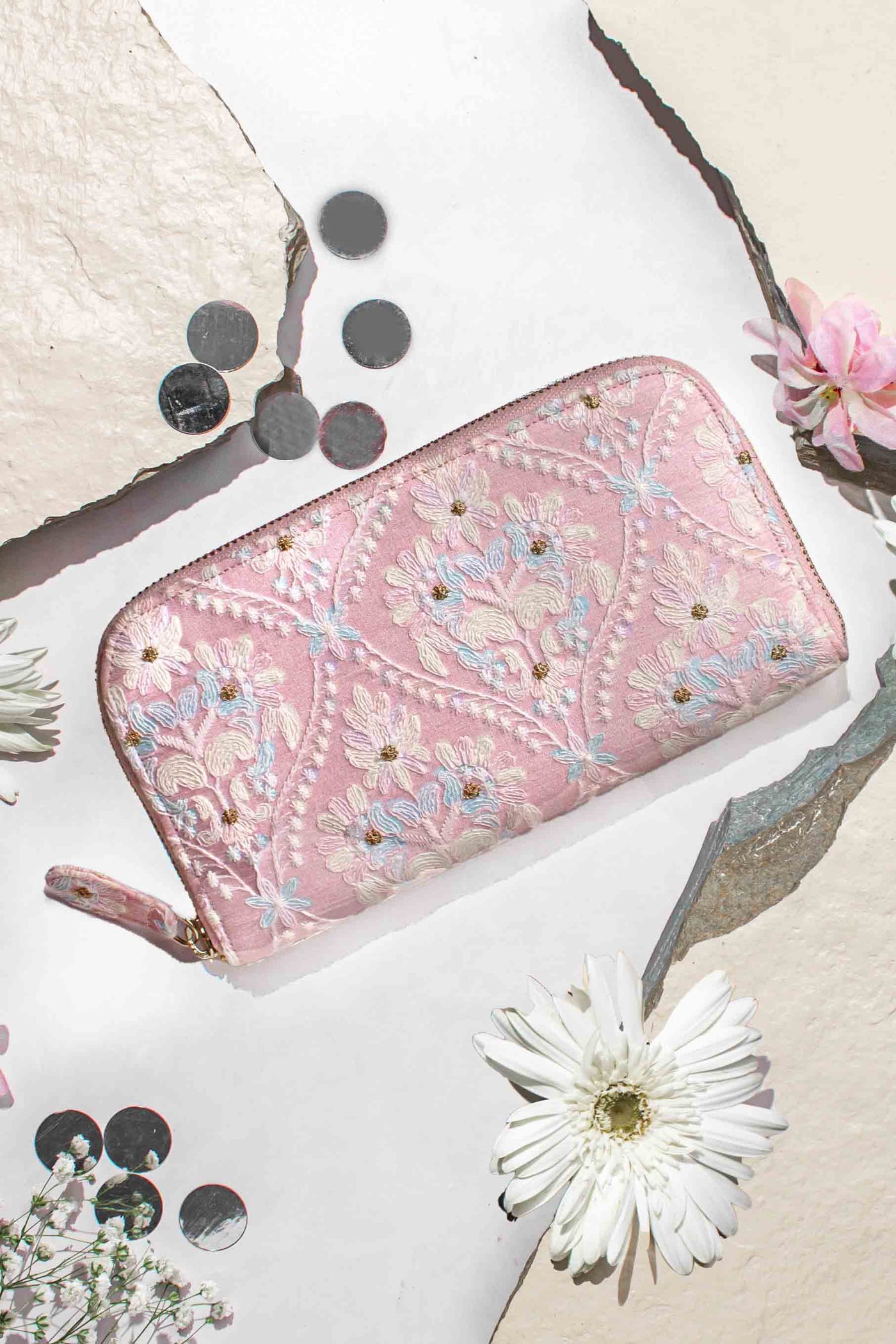 AMYRA Anaqat silk embroidered wallet - baby pink