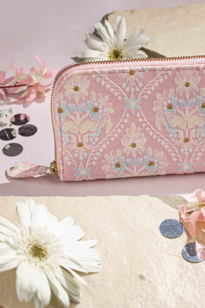 AMYRA Anaqat silk embroidered wallet - baby pink