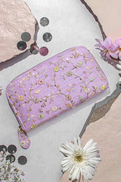 AMYRA Blossom silk embroidered wallet - purple