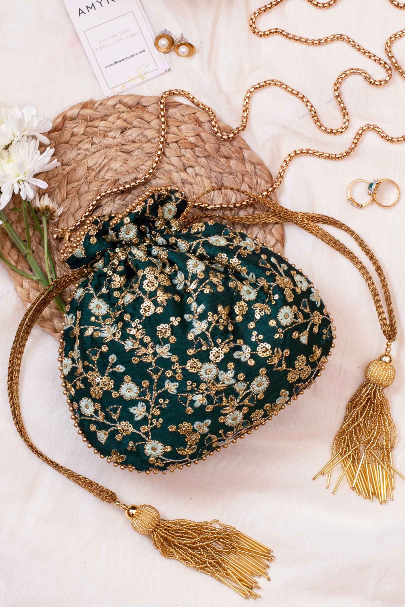 AMYRA Elan Green Silk Potli bag With Metal Sling